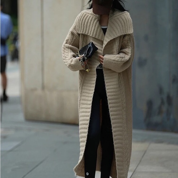 533 Beige Tan Cardigan Coat Maxi Open Duster Long Fuzzy Comfortable sweater - Picture 4 of 10